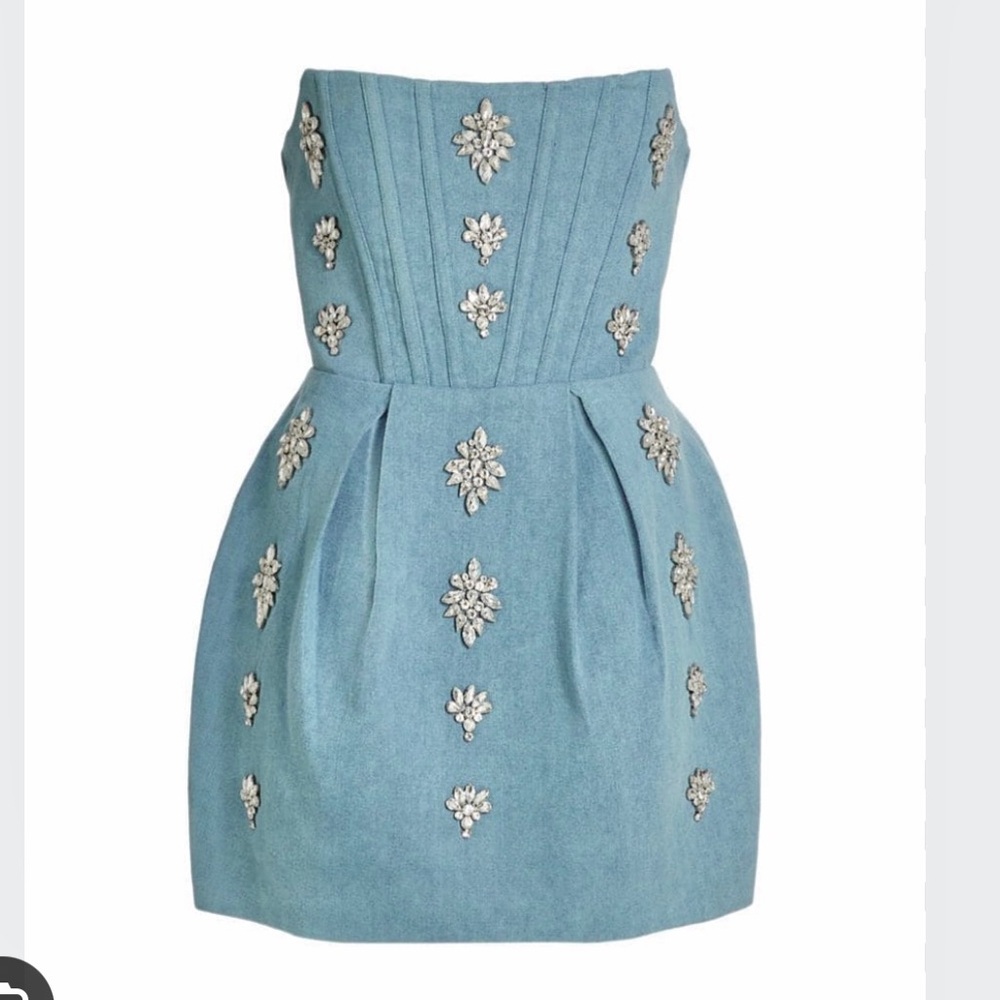 Bronx and Banco - Maraya Denim jean Blue Diamond Embellished Mini Dress- Revolve - Picture 3 of 10
